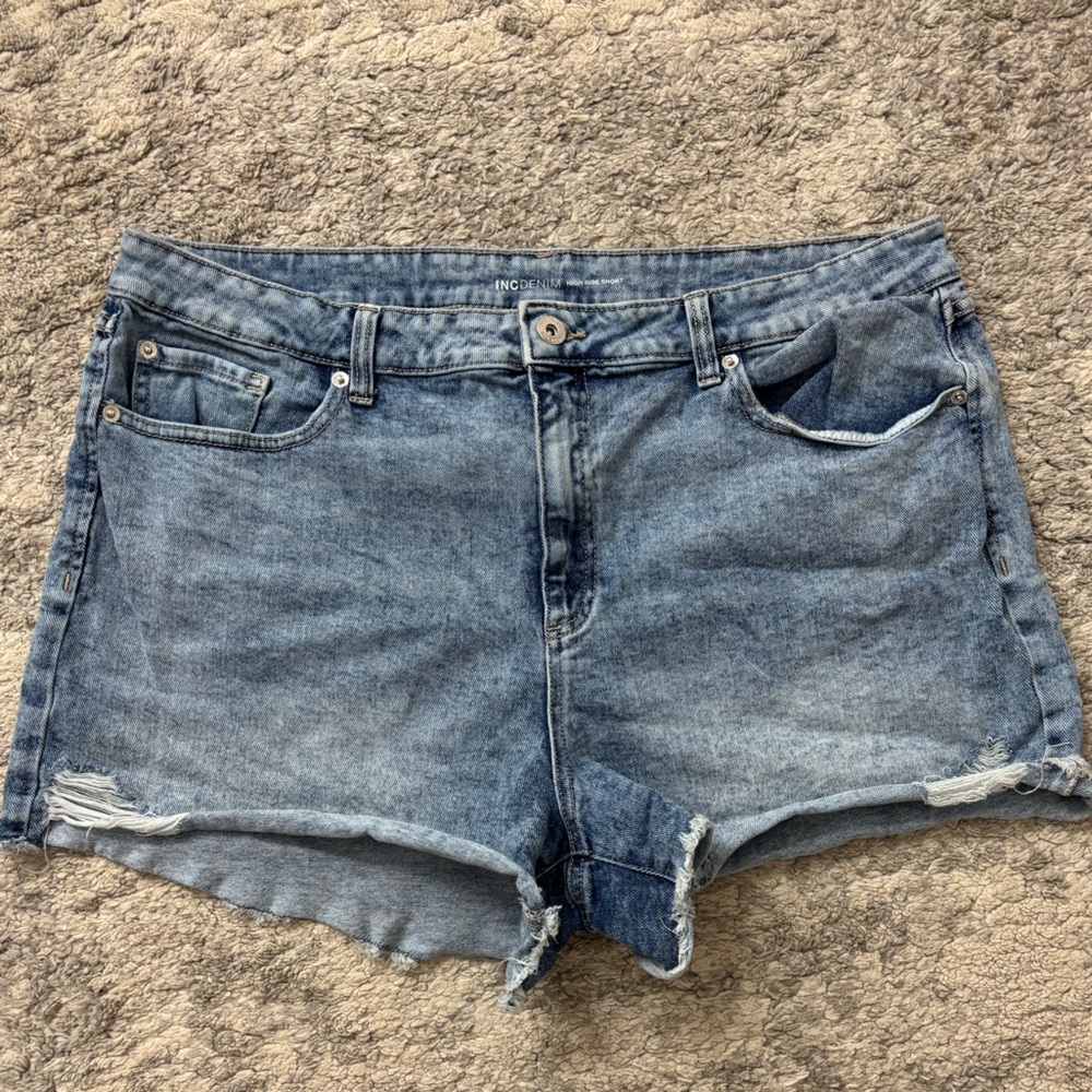 INC Denim High Rise Short Distressed Mini Blue Denim Jean Shorts Woman Size 18